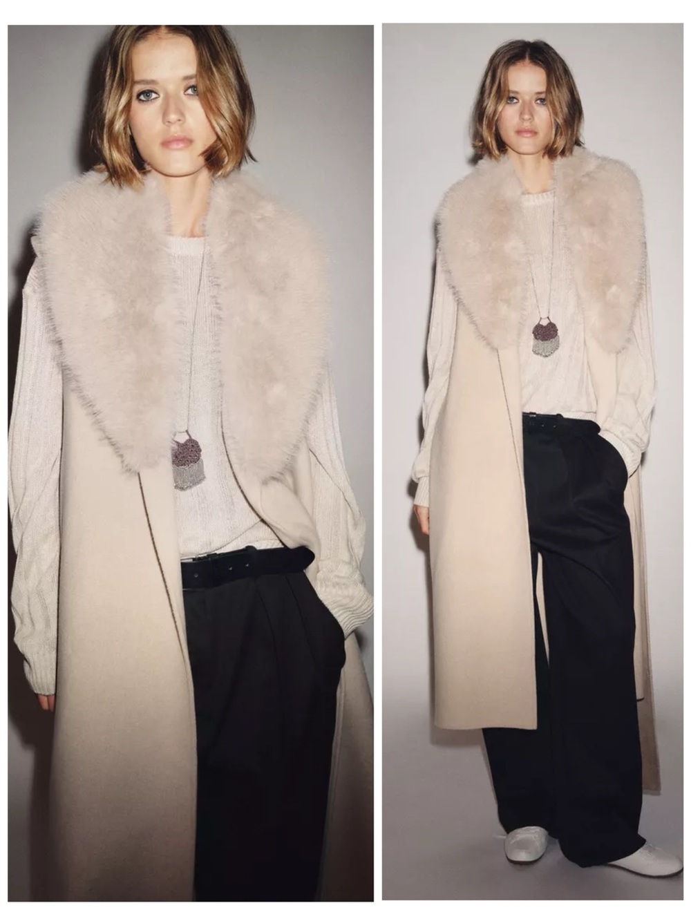Zara Faux Fur Collar Wool Waistcoat Sleeveless Self-Tie Belt Ecru Small